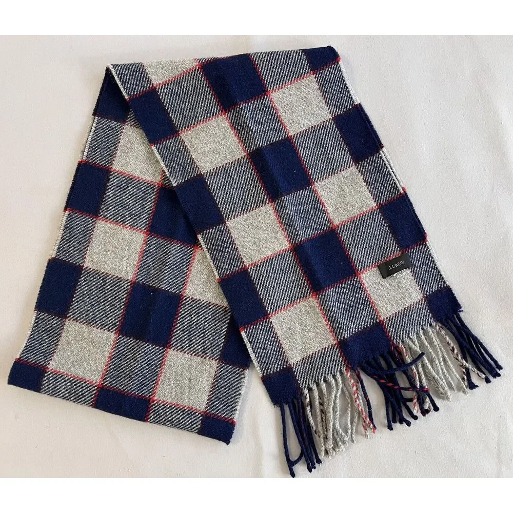 J. CREW‎ Wool Viscose Tartan Plaid Fringed Scarf Red Blue Gray 48